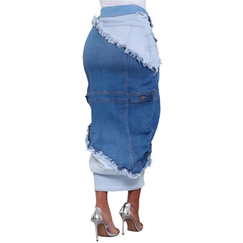 Multi Button Design Denim Patchwork High Waist Single Breasted Skirt