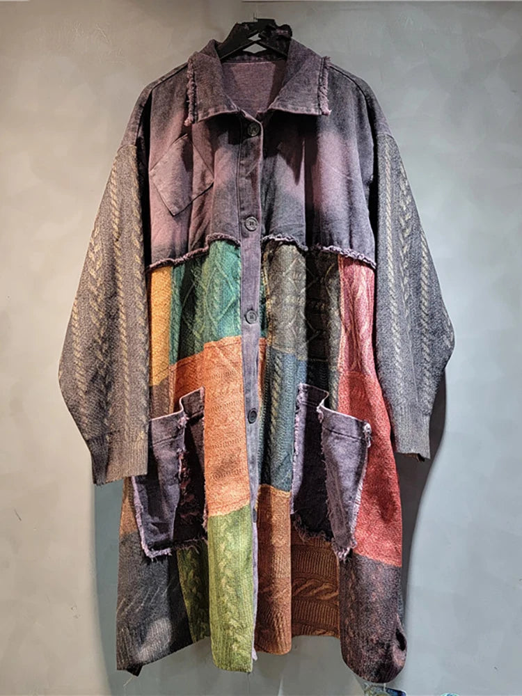 Denim  Washed Patchwork Colorful Printed Long Jacket