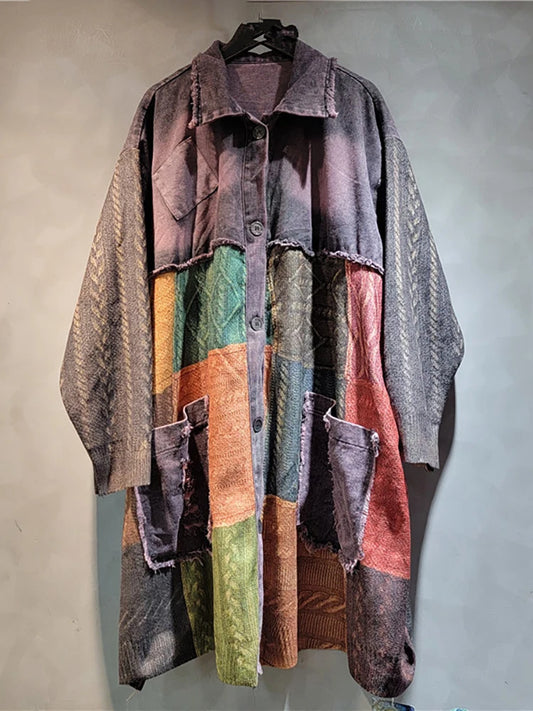 Denim  Washed Patchwork Colorful Printed Long Jacket