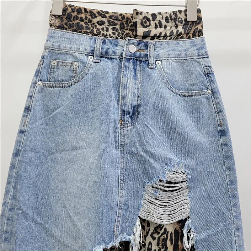 Leopard Gauze Patchwork A-line Denim Skirt