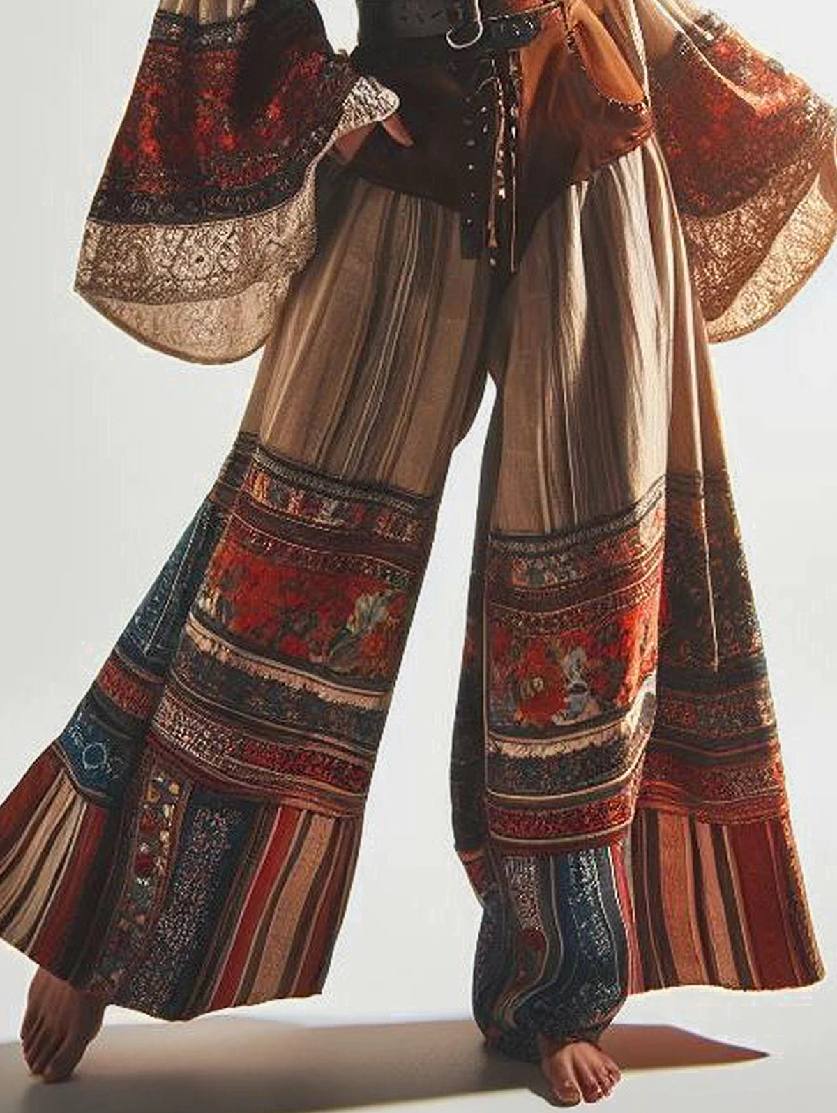 Bohemian Floral Printed Wide Leg Elastic Waist Long Flare Pants