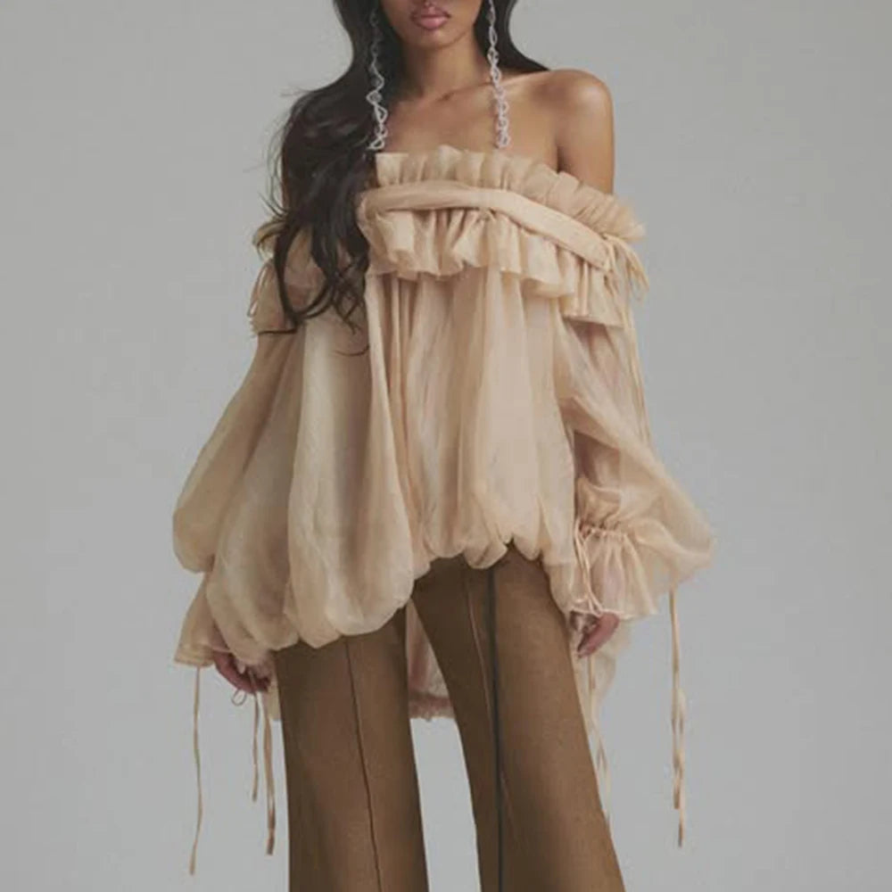 Off Shoulder Loose Lace Up Blouse