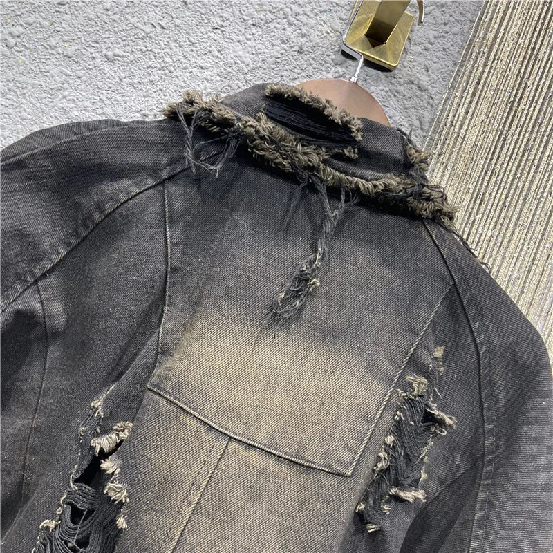 Denim Distressed Hand Frayed Patch Short Coat Jacket