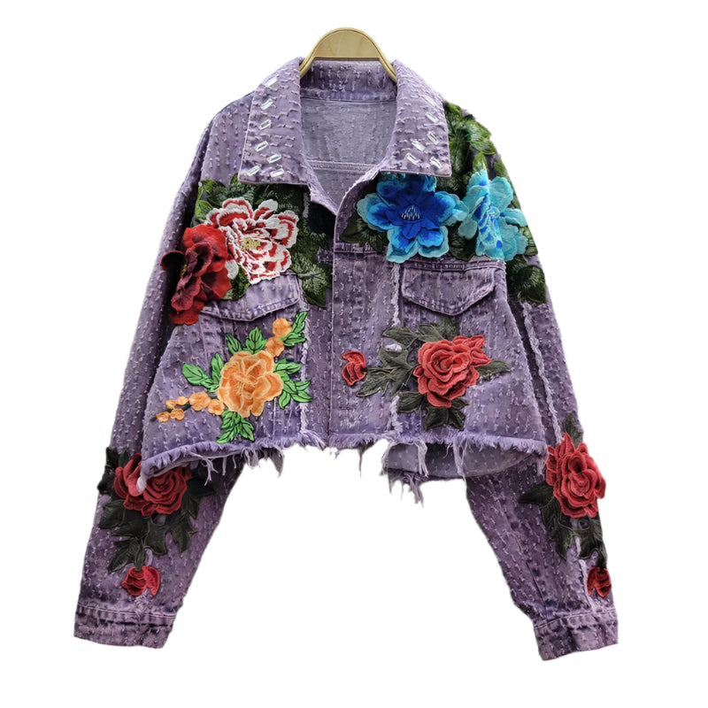 Embroidery Flowers Purple Frayed Denim Short Jeans Jacket