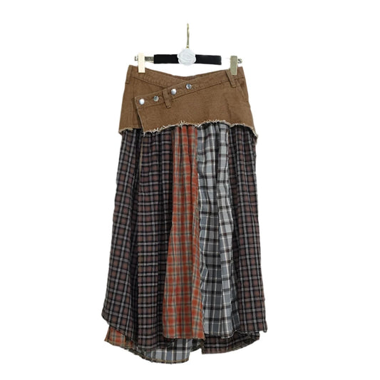 Denim Skirt Patchwork Khaki Plaid A-line Long Skirt