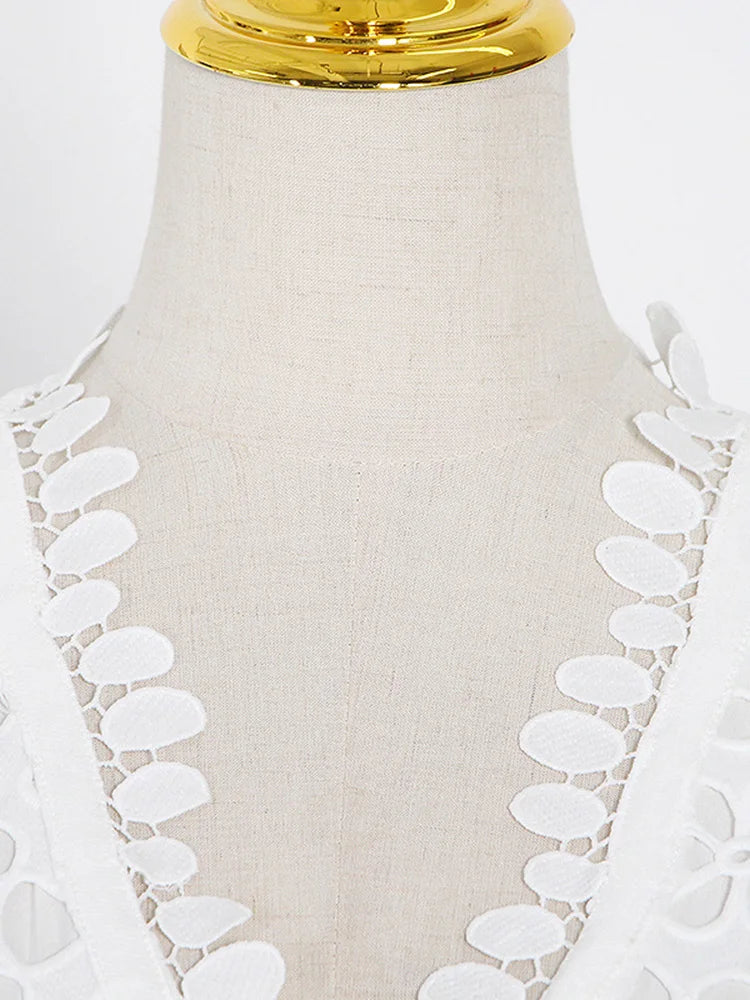 Lace White V-Neck Half Sleeve High Waist Cut Out Slim Dress