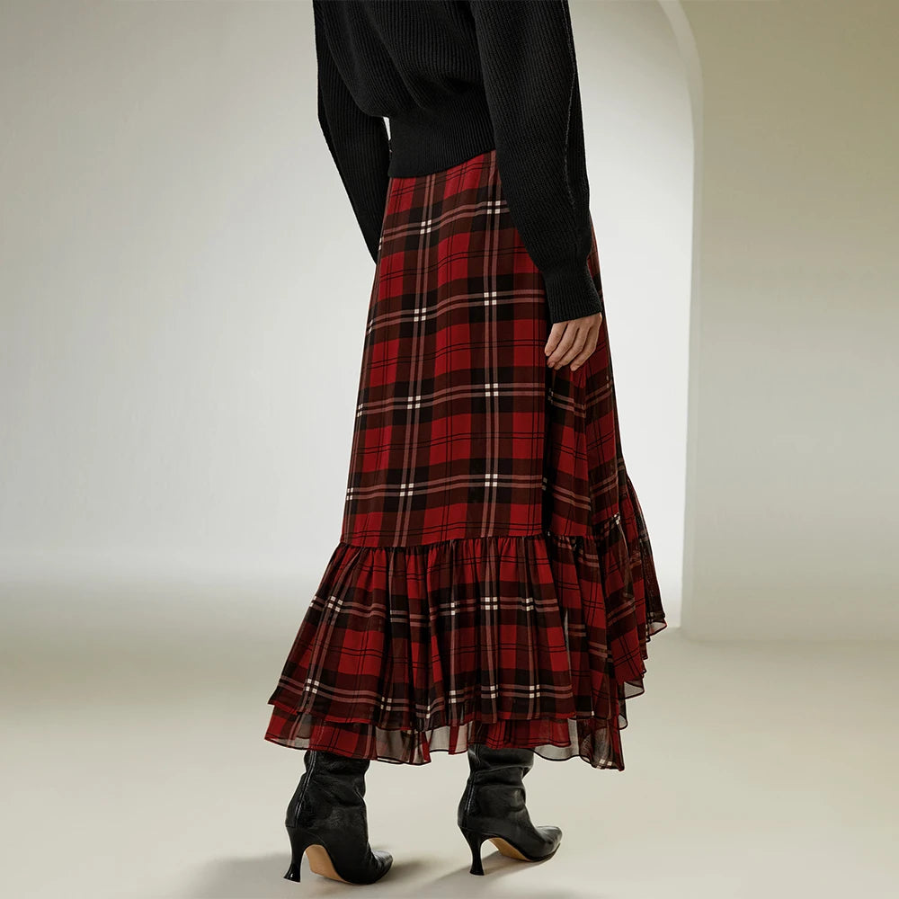 Silk Pleated Ruffle Hem Plaid Scottish Skirt