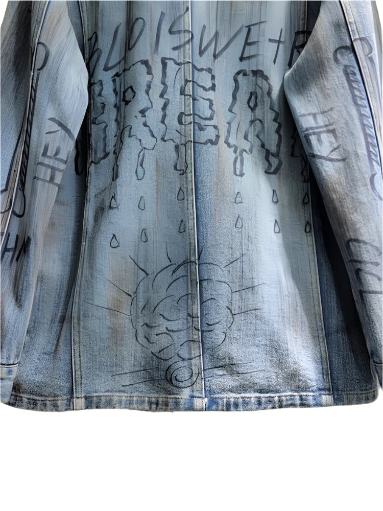 Denim Letter Graffiti Single Buttoned  Jacket