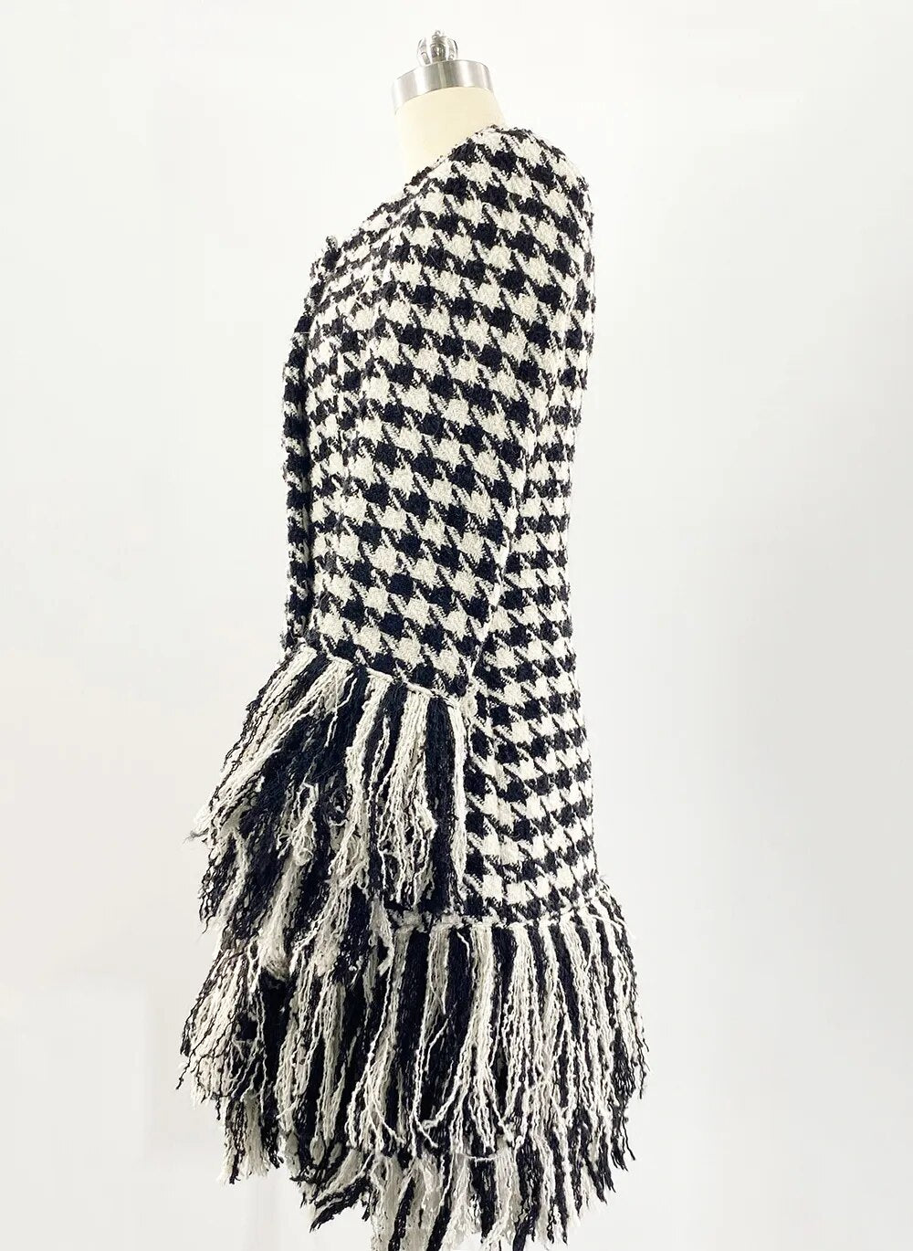 Black And White Checked Tweed Tassel Long-Sleeved Woolen Dress Coat