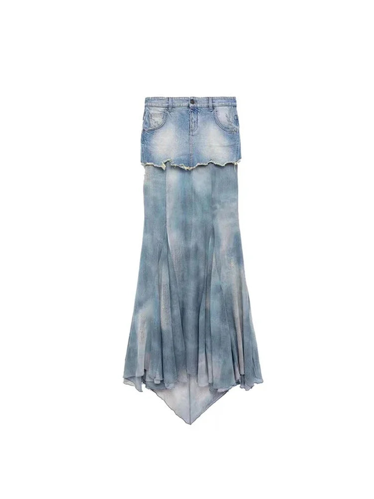 Patchwork Denim Long Skirt