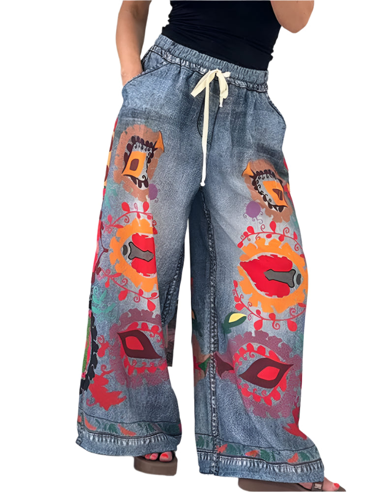 Drawstring Printing Patchwork Trousers