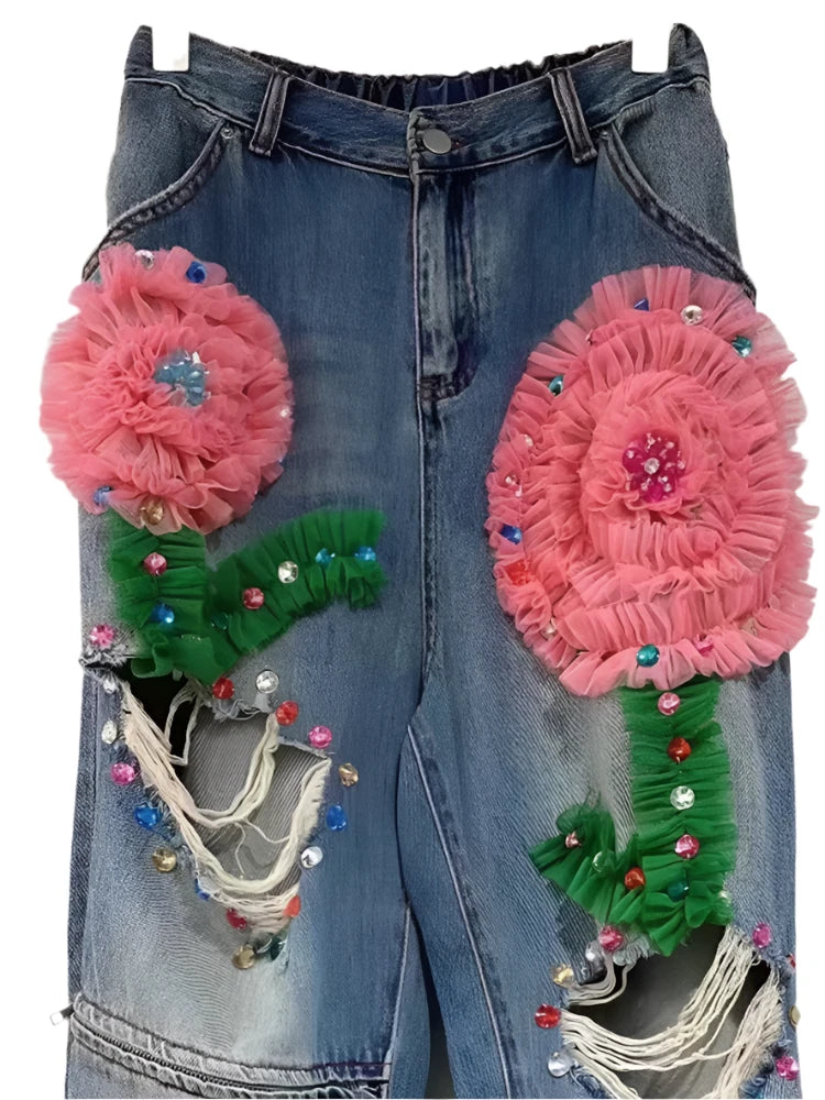 Embroidered Cut Out 3d Pleated Lace Flowers Denim Pants