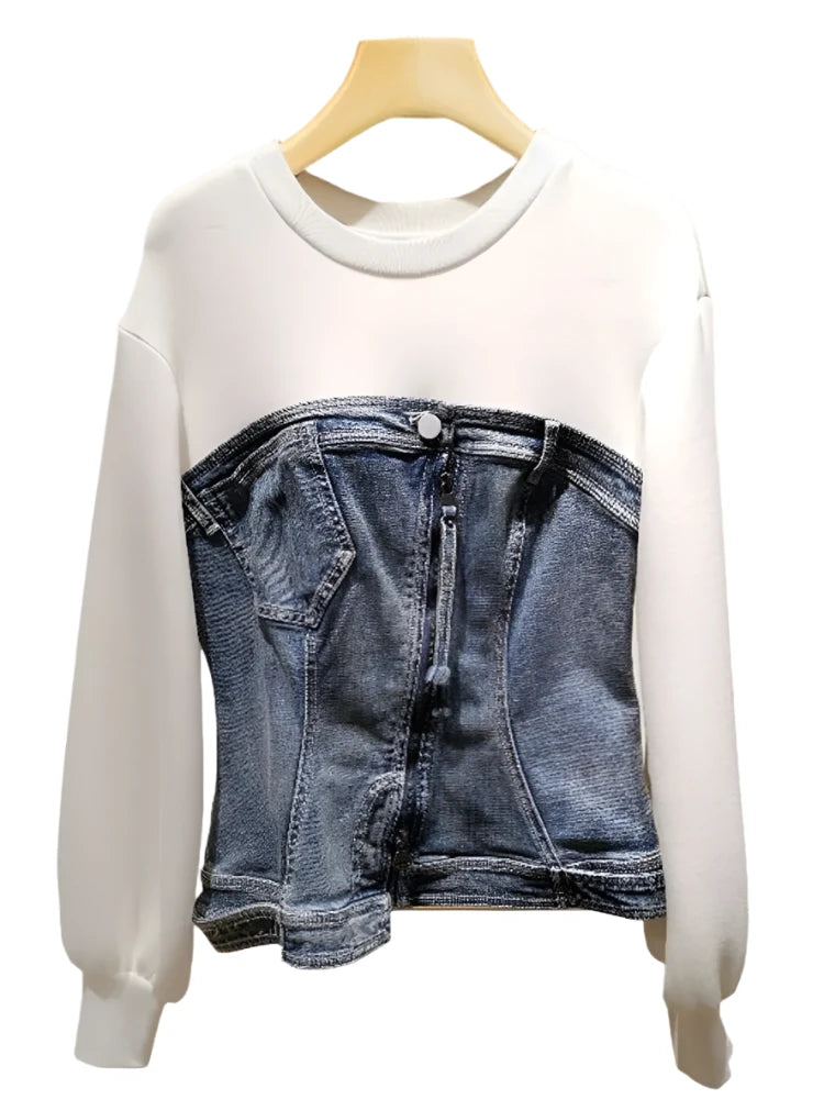 Asymmetric Zipper Denim Fake Two-piece Sweatshirt