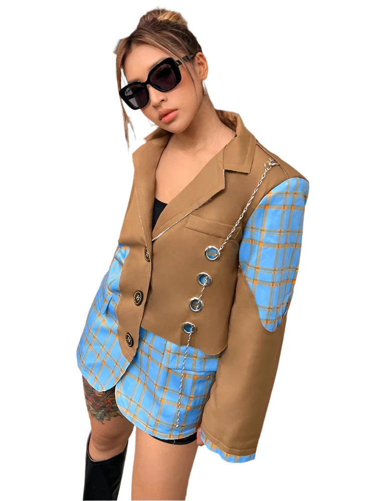 Plaid Long Sleeve Patchwork Chain Loose Blazer