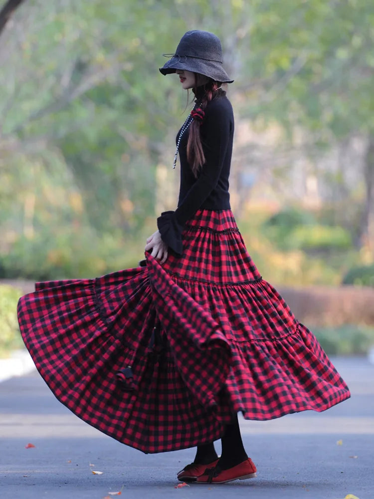 A-line Elastic Waist Cotton Print Plaid Skirt