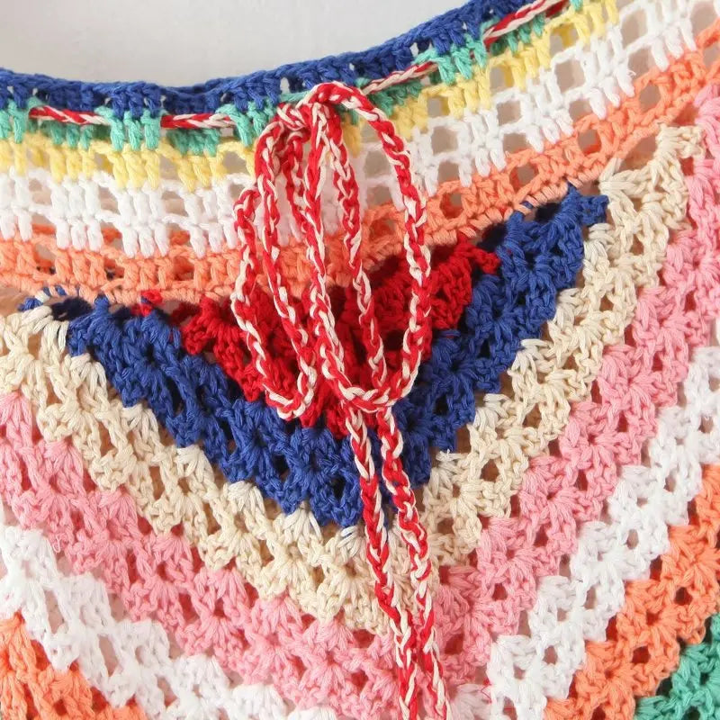 Boho Rainbow Striped Knitted Shorts Set Deep V-neck Wrap Blouse Crop Top Shorts Suit