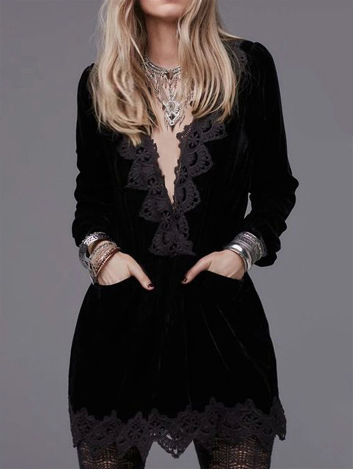 Black V-Neck Long Sleeve Velvet Pocket Mini Dress