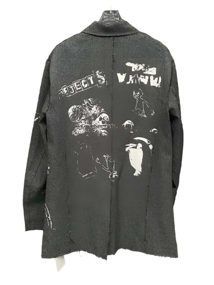 Hand Drawn Graffiti Notched Collar Grey Ruff Edge Blazer