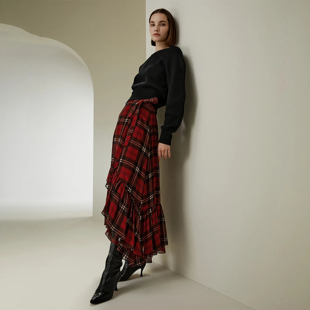 Silk Pleated Ruffle Hem Plaid Scottish Skirt