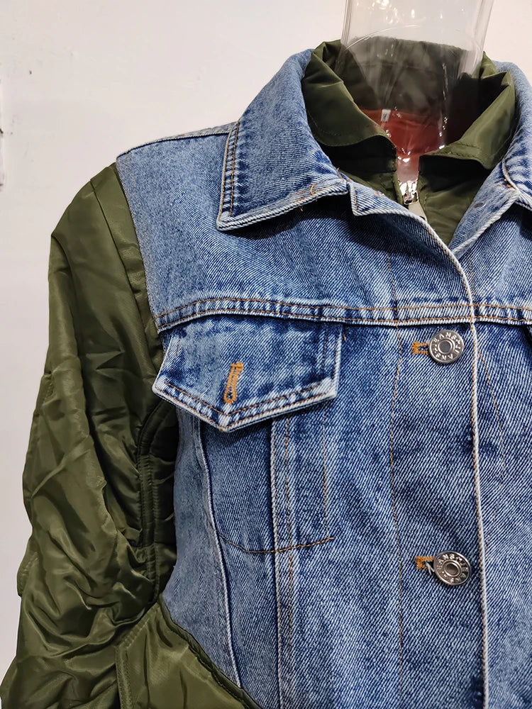 Patchwork Denim Turn-down Collar Long Sleeve Short Jacket