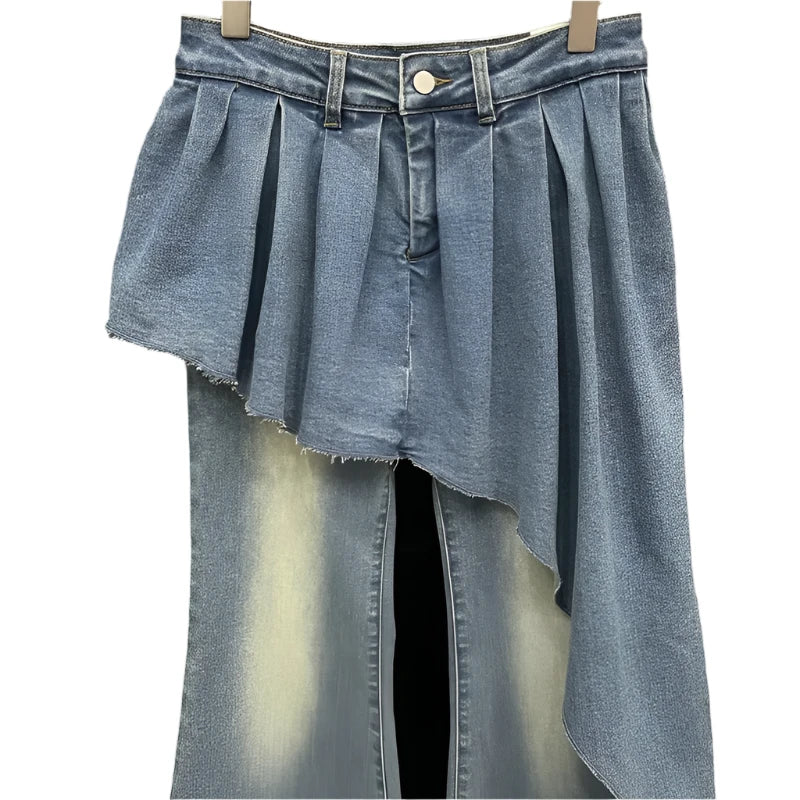 Irregular Skirt Fake 2 Pcs Denim Flare Pants