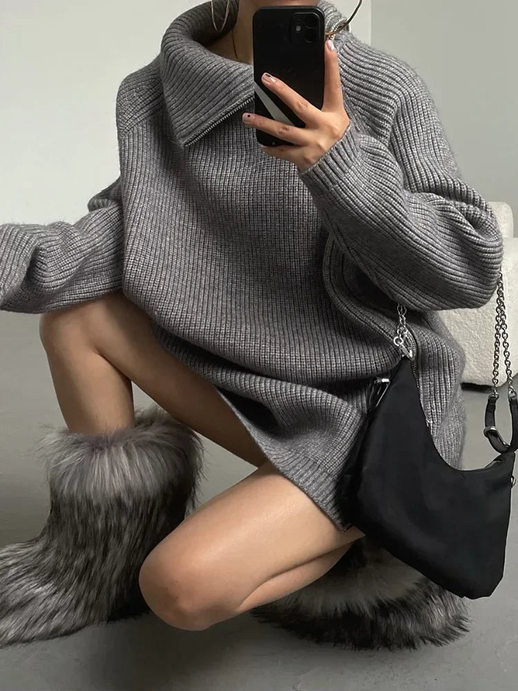 Turtleneck Zipper Knitted Loose Sweater