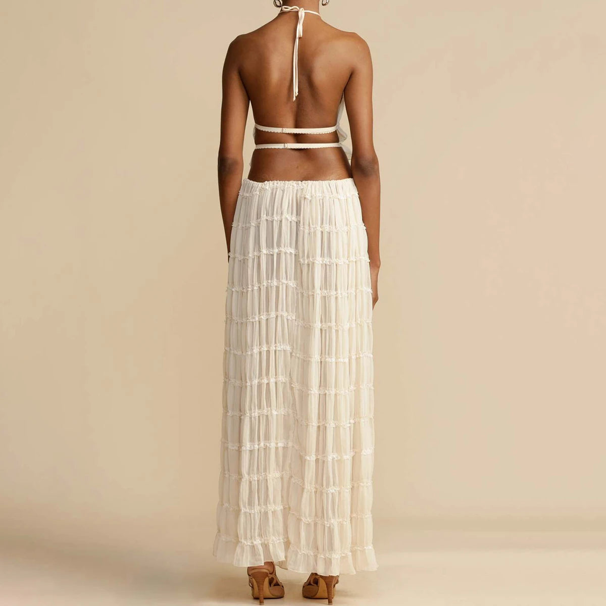 Off White Sleeveless Backless Cropped Halter Tops & Drawstring Long Skirt Sets