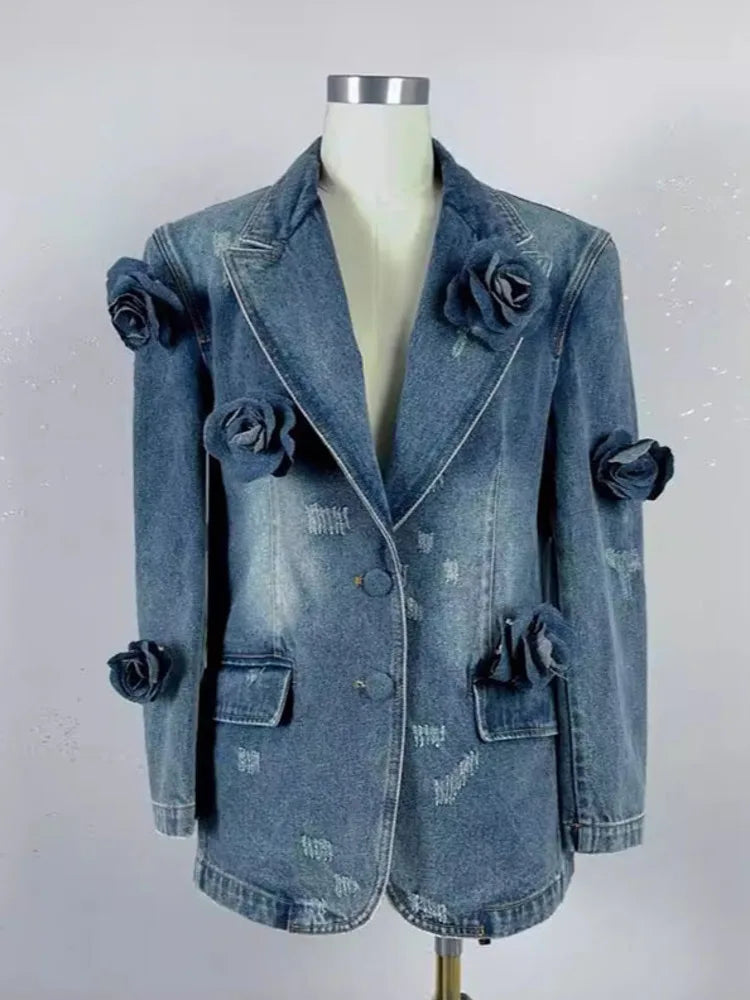 Denim 3D Flower Turn-down Collar Jacket