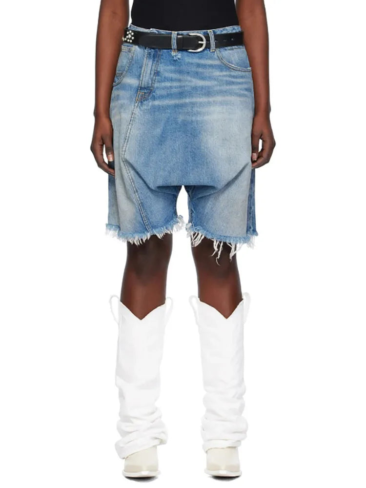 Large Crotch Raw Edge Cotton Denim Shorts