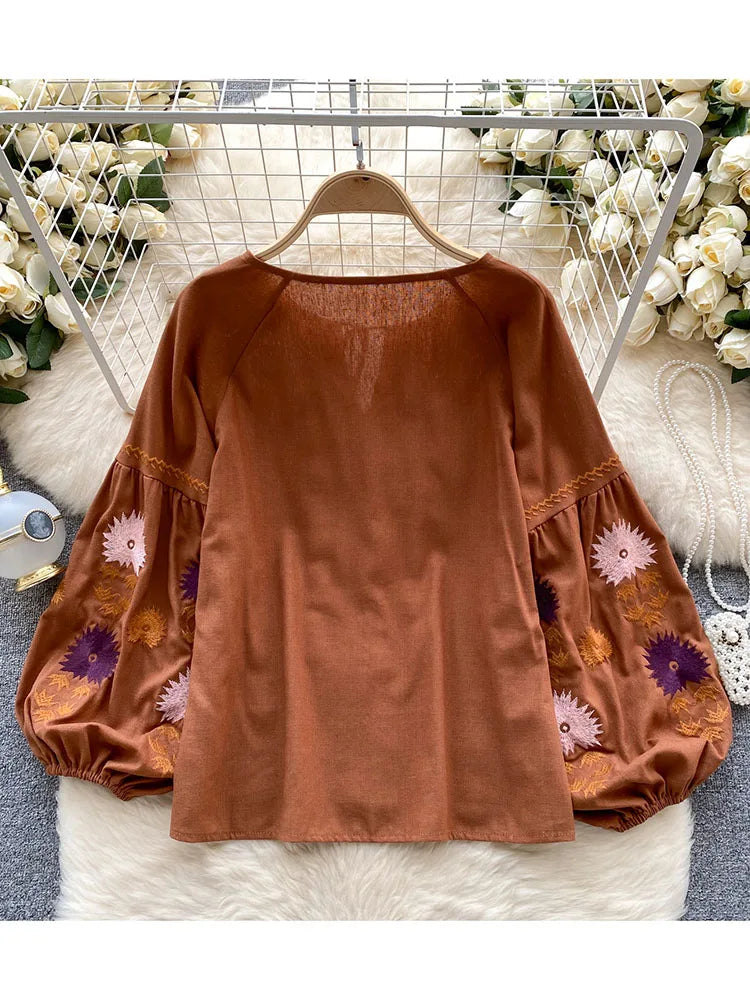 Vintage Long Sleeve Embroidered Loose Blouse