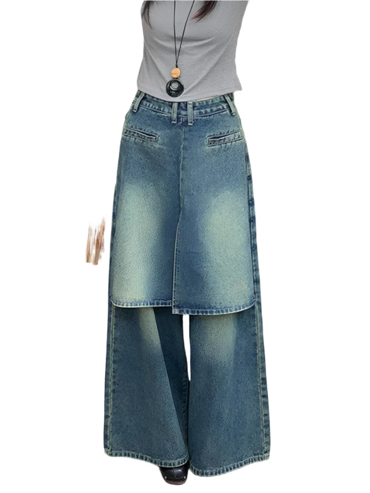 Fake 2 Pcs High Waist Straight Wide Leg Denim Pants