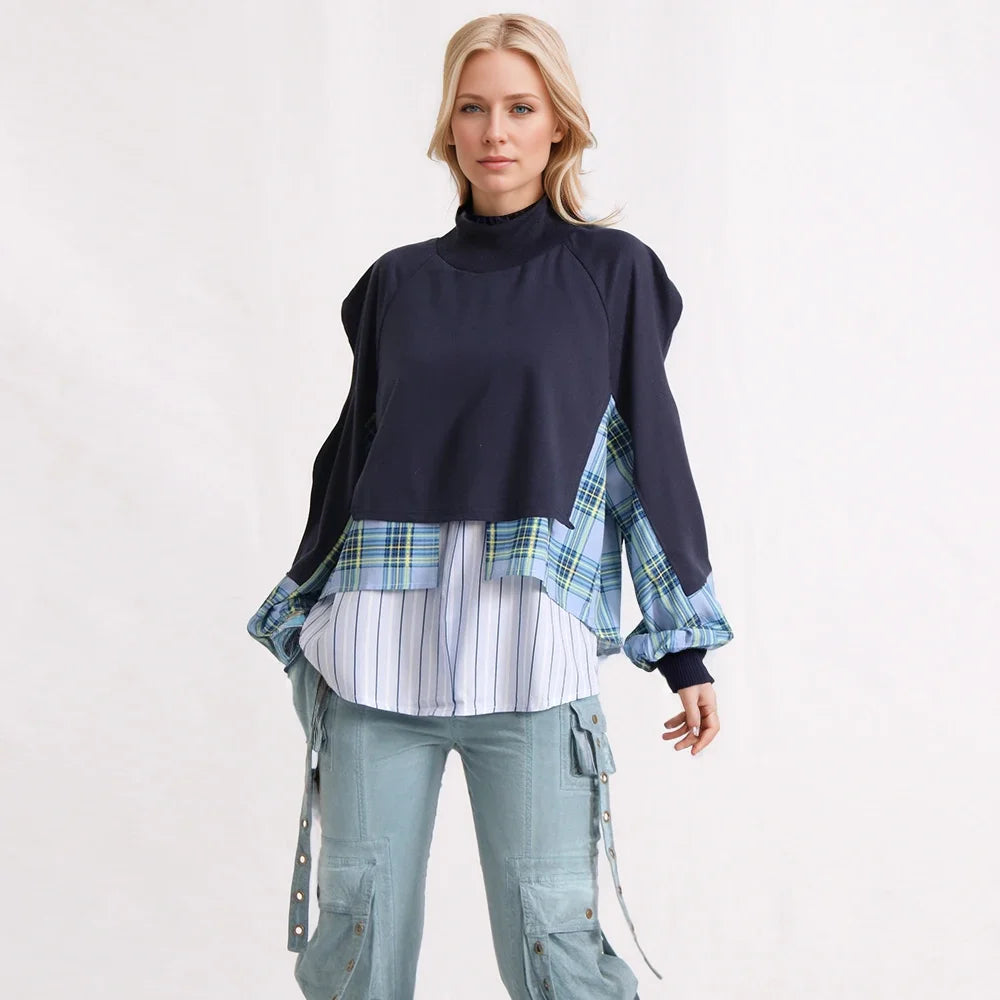 Patchwork Button Round Neck Long Sleeve Sweatshirt