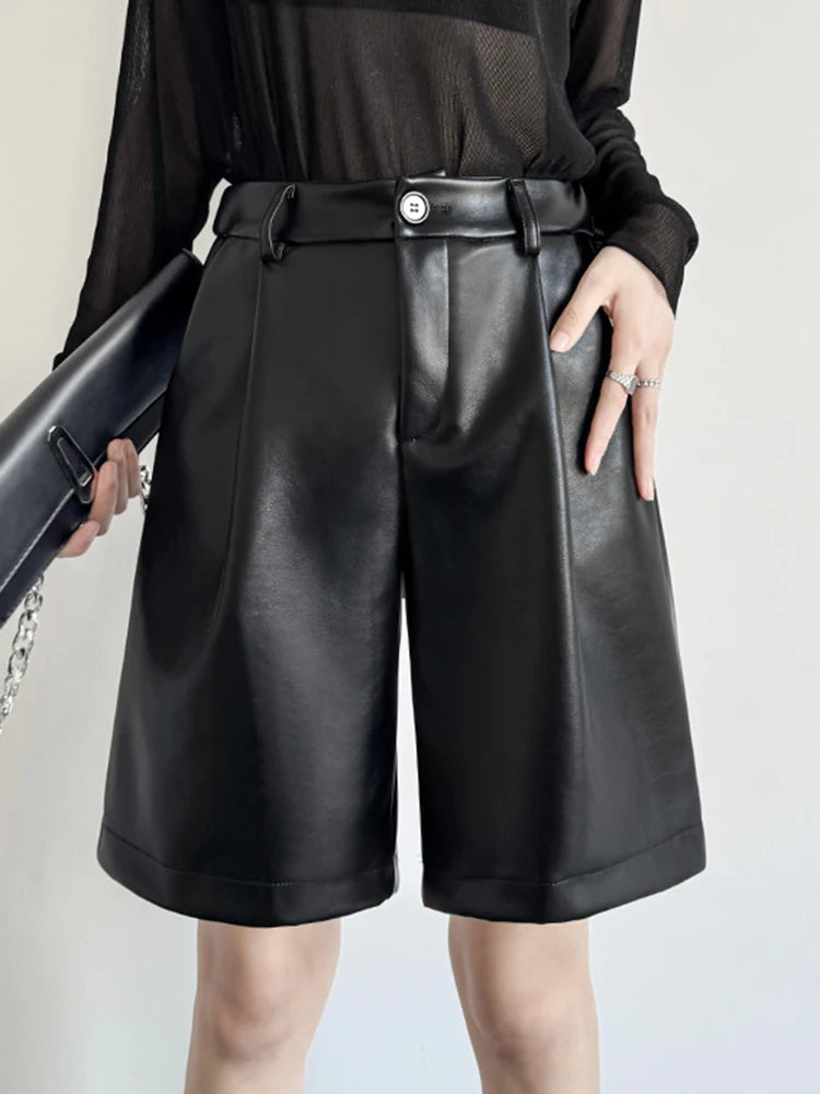 Black Pu Leather Wide Leg Shorts