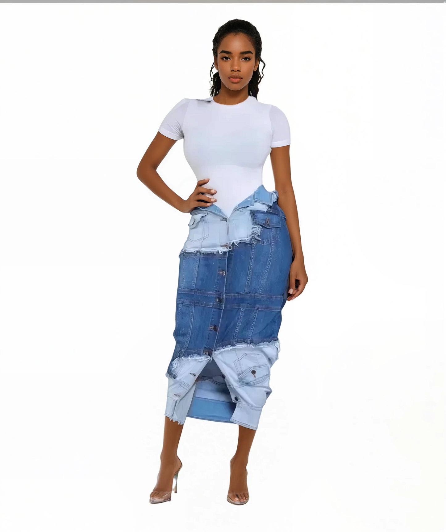 Multi Button Design Denim Patchwork High Waist Single Breasted Skirt