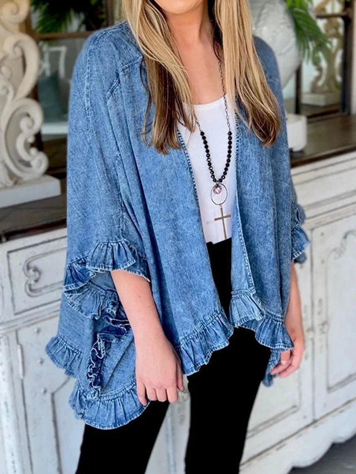 Denim Lapel 3/4 Sleeves Ruffle Jacket