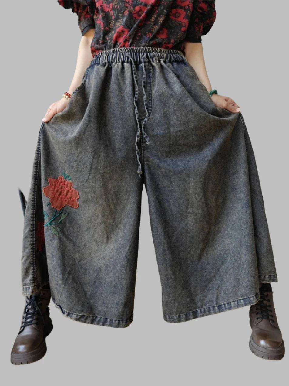 Embroidered Denim Wide Leg Pants