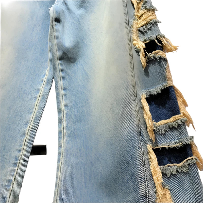 Distressed Broken Holes Straight Wide Leg Tassel Denim Pants