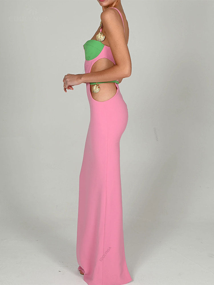 Shoulder Strap Beaded Contrasting Colors Low-cut Dress