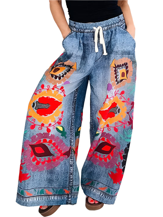 Drawstring Printing Patchwork Trousers