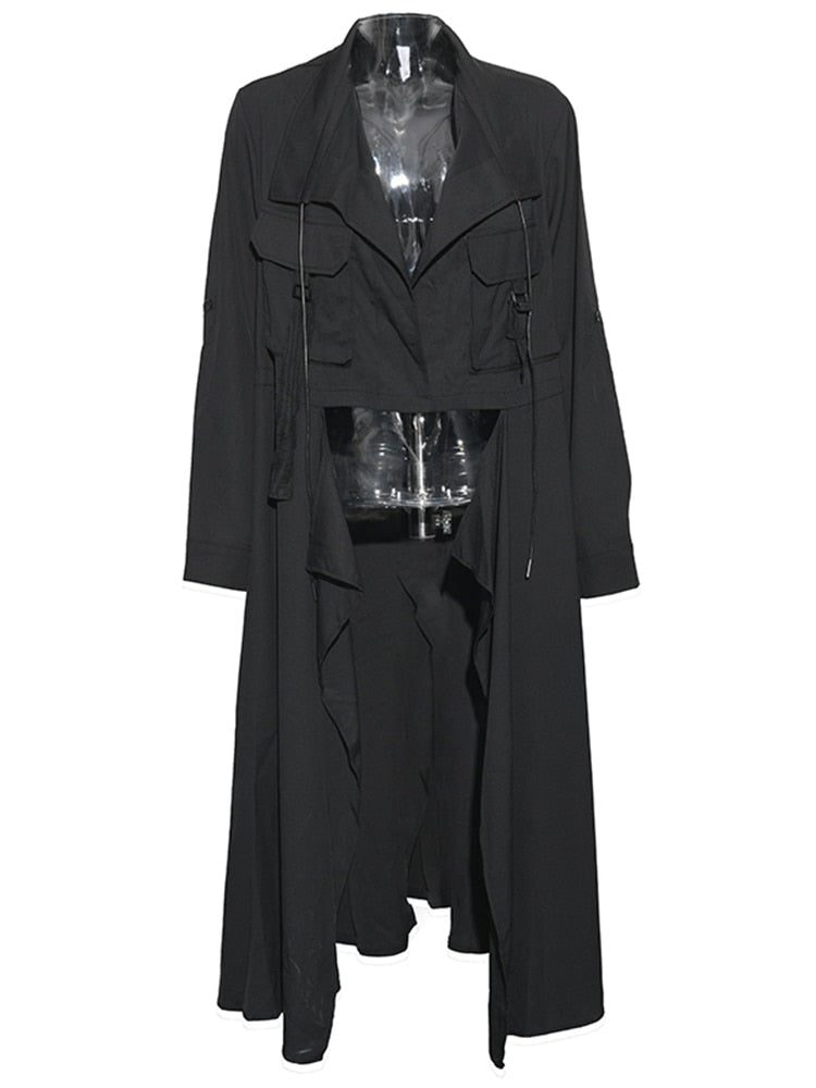 Black Irregular Long Sleeve Windbreaker Trench Coat