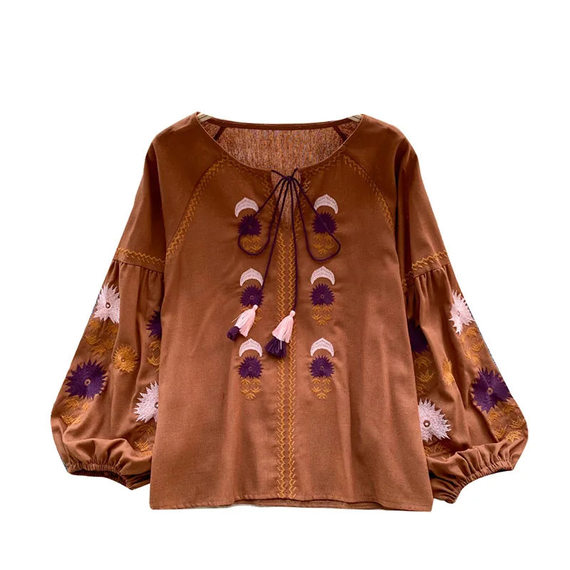 Vintage Long Sleeve Embroidered Loose Blouse