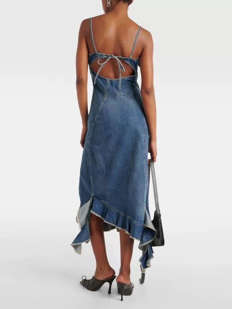 Denim Irregular Ruffled Backless Halter Dress