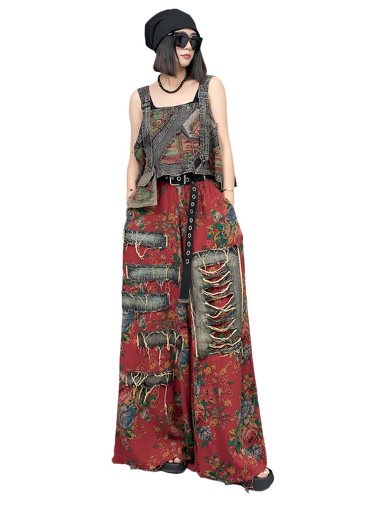 Printed Denim Suspender Vest + Wide Leg Pants Set