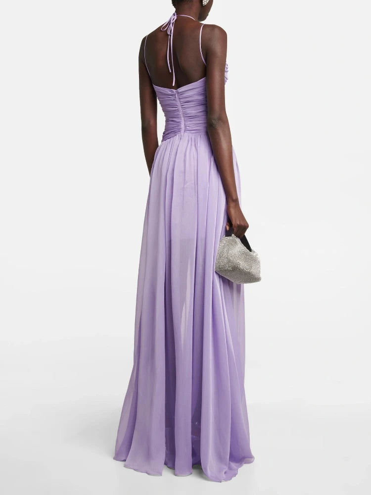 Purple Sleeveless V-neck Cut Out Chiffon Pleated Long Dress