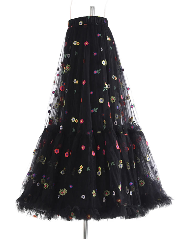 Black Flower Dot Mesh Long A-line Skirt