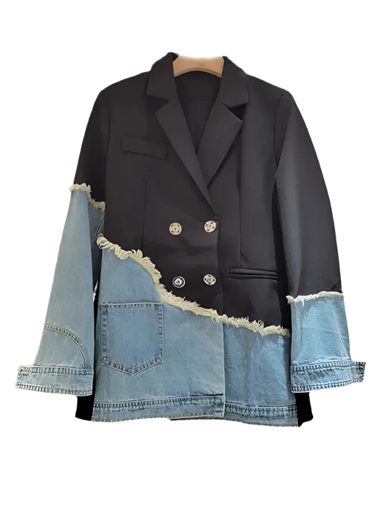 Denim Double Buttoned Asymmetric Patchwork Blazer