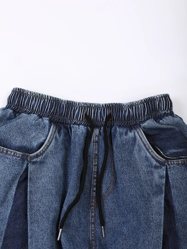 Blue Denim Color-block Wide Leg High Waist Pants