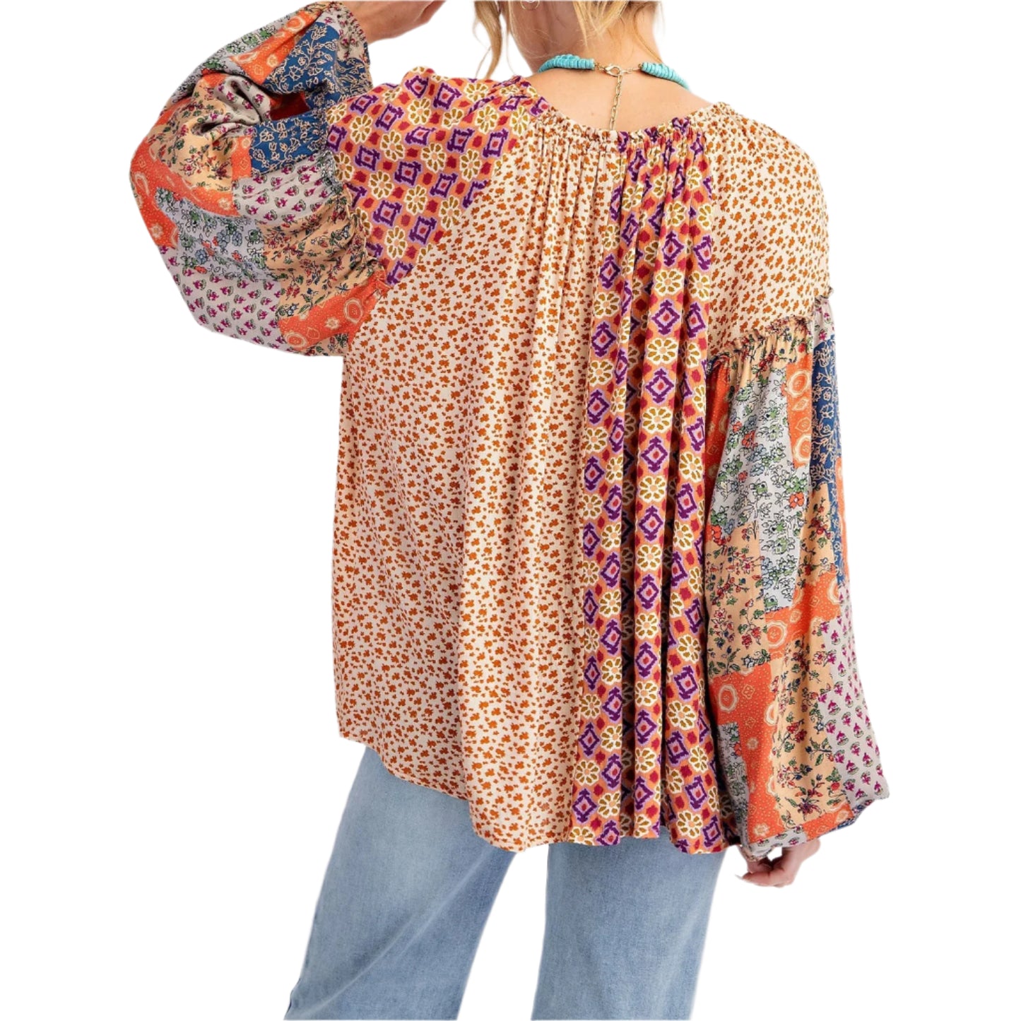 Floral Print Patchwork Long Sleeve Boho Loose Blouse