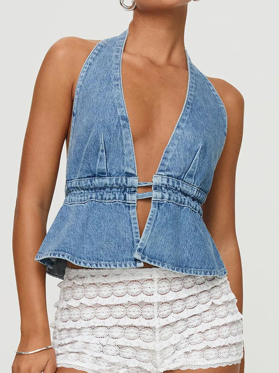 Halter Neck Denim Deep V Neck Backless Crop Top