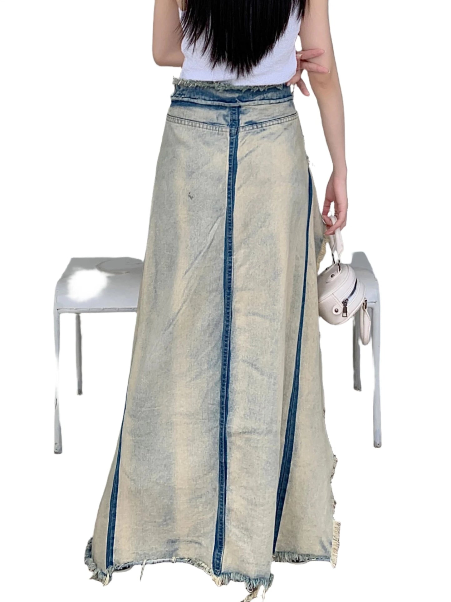 Denim Patchwork High Split A-line Skirt